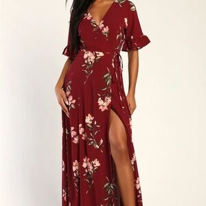 Lulu's September Sunsets Burgundy Floral Wrap Dress with V-neck Flutter Sleeves